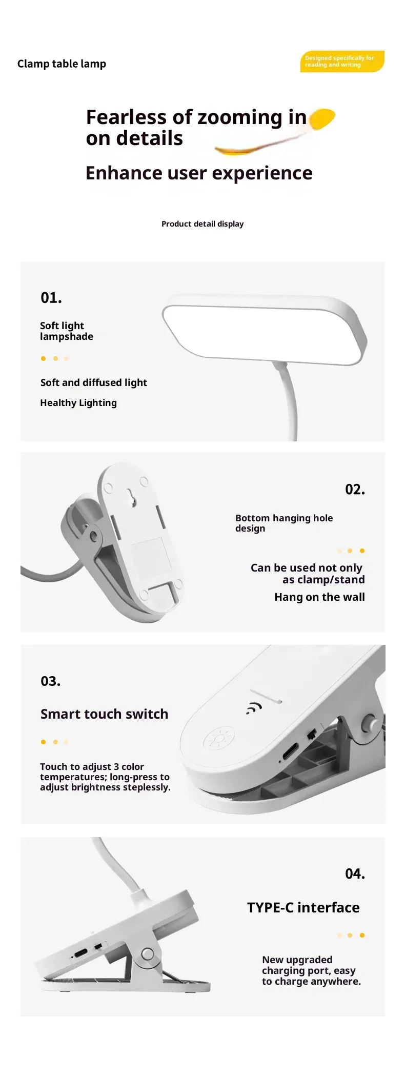 Lampe de bureau LED rechargeable, aperçu du design complet