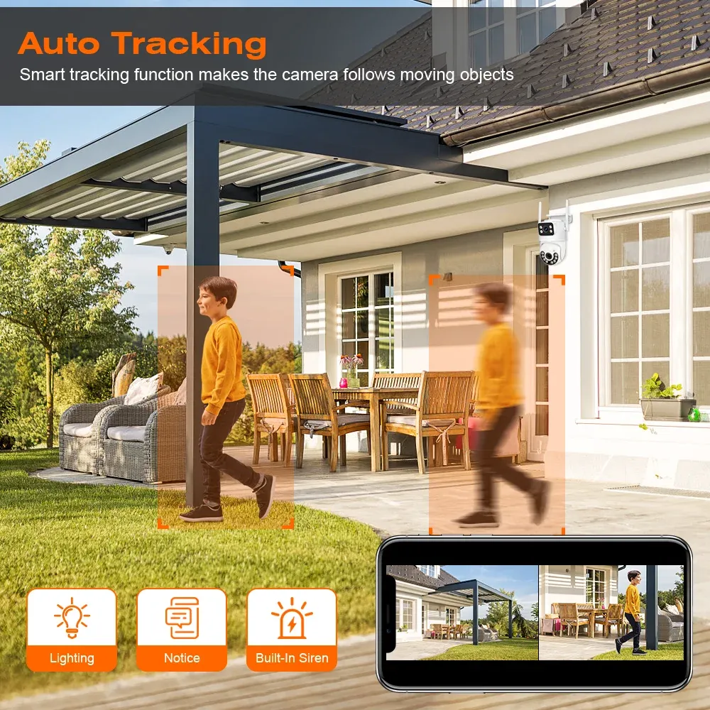 Caméra IP de sécurité sans fil extérieure 4K 8 MP HD à double objectif, PTZ Wi-Fi avec suivi automatique, caméra de surveillance de rue iCsee 4
