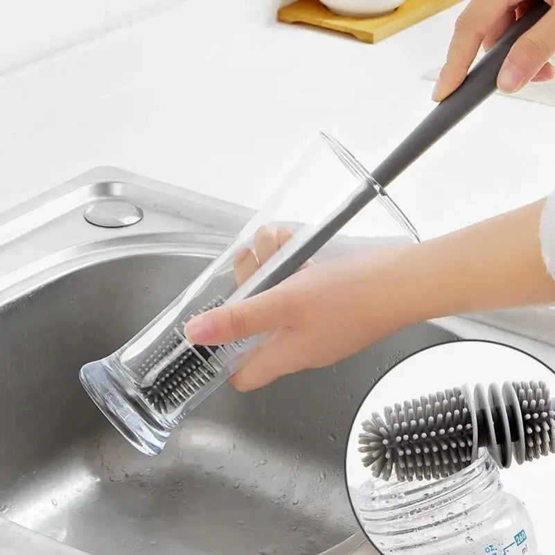 Brosse de nettoyage en silicone à long manche pour bouteilles de lait et verres - Image 1