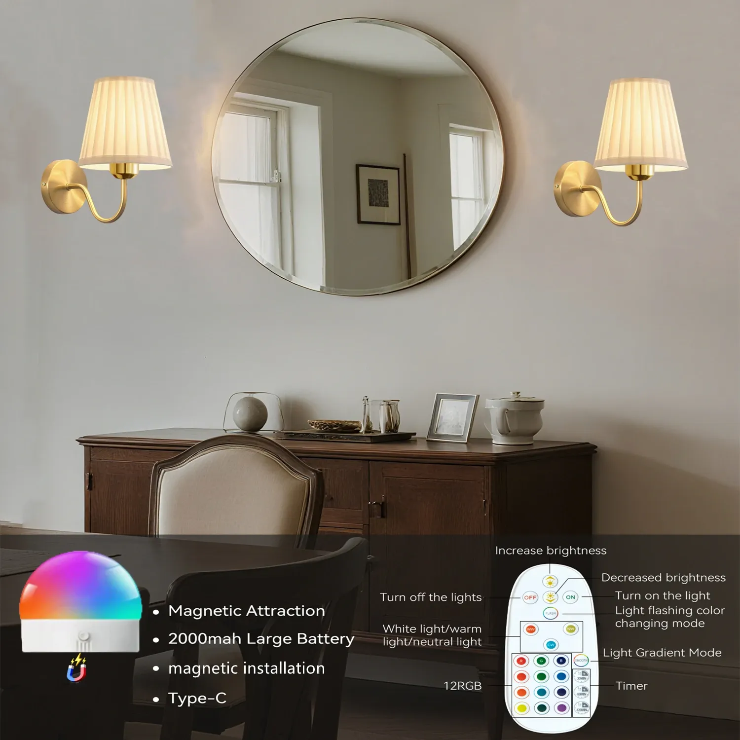 Applique murale dorée, utilisation avec télécommande