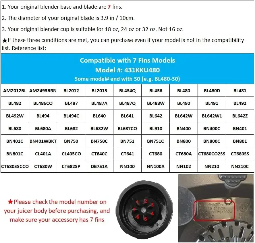 Lame à 7 ailettes pour mélangeur Ninja Auto iQ BL450-30, BL642-30, BL482-30, BL682-30, BL456, avec joints en silicone, pièce d'étanchéité 6