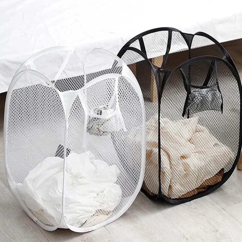 Panier à linge pliant en maille avec organisateur pour vêtements sales, à suspendre pour salle de bain 2
