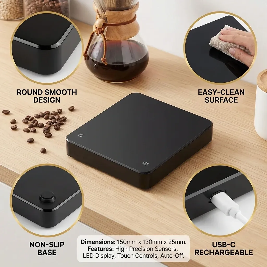 Balance à café numérique rechargeable USB avec écran LED, précision 0,1 g et minuterie intégrée 3