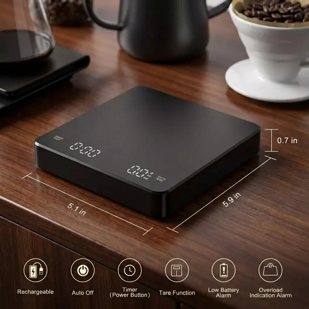 Balance à café numérique rechargeable USB avec écran LED, précision 0,1 g et minuterie intégrée 2