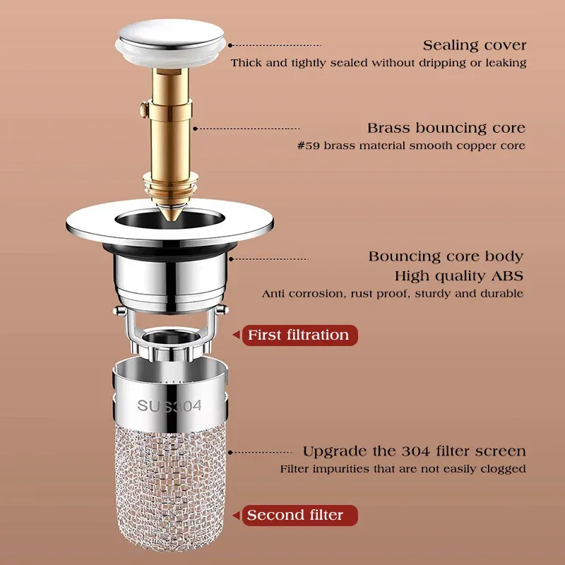 Bouchon de vidange pop-up pour lavabo et évier avec filtre anti-cheveux 5