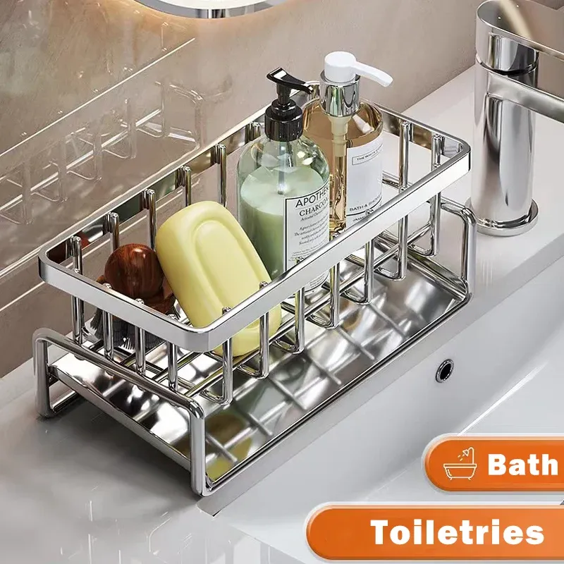 Support de rangement pour outils de nettoyage d'évier, égouttoir multifonctionnel en acier inoxydable pour cuisine, organisateur pour éponge et détergent, porte-chiffon 2