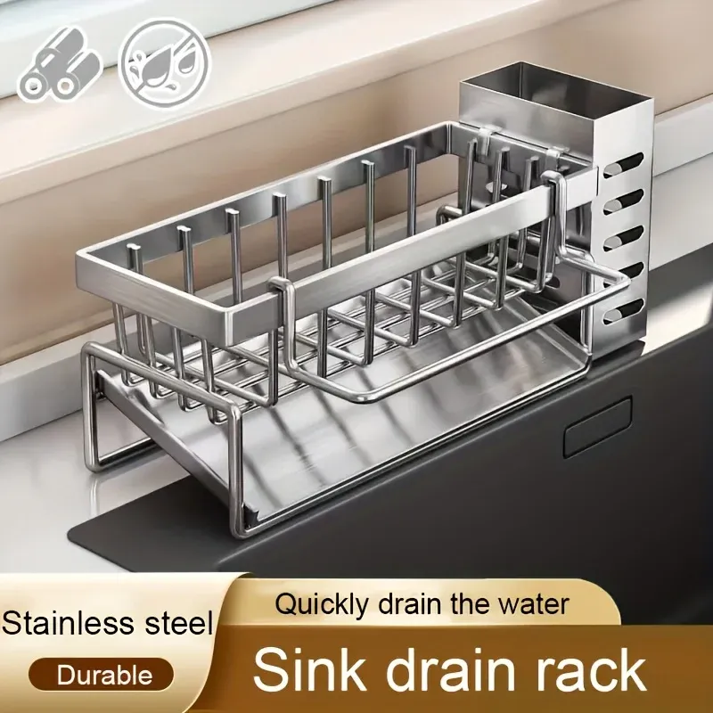 Support de rangement pour outils de nettoyage d'évier, égouttoir multifonctionnel en acier inoxydable pour cuisine, organisateur pour éponge et détergent, porte-chiffon