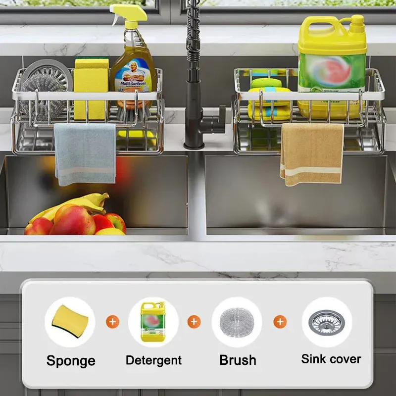 Support de rangement pour outils de nettoyage d'évier, égouttoir multifonctionnel en acier inoxydable pour cuisine, organisateur pour éponge et détergent, porte-chiffon 4