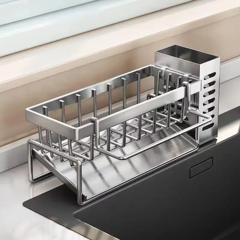Support de rangement pour outils de nettoyage d'évier, égouttoir multifonctionnel en acier inoxydable pour cuisine, organisateur pour éponge et détergent, porte-chiffon 7