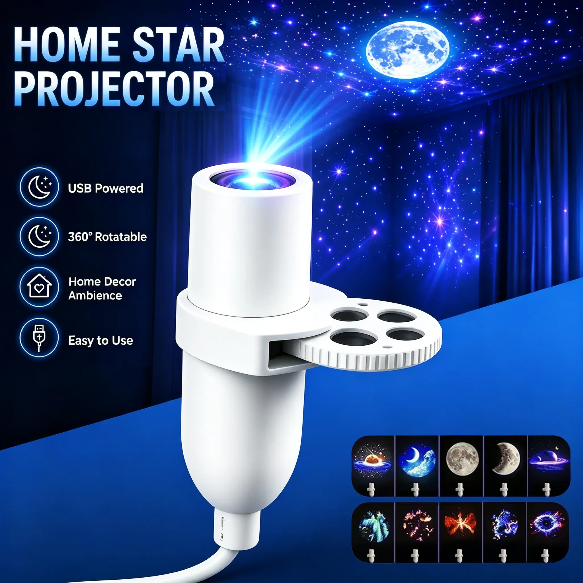 Mini projecteur d'étoiles USB Galaxy 360° – Lampe d'ambiance réglable pour chambre, veilleuse romantique pour la nuit, idéale pour les fêtes d'anniversaire - Image 1