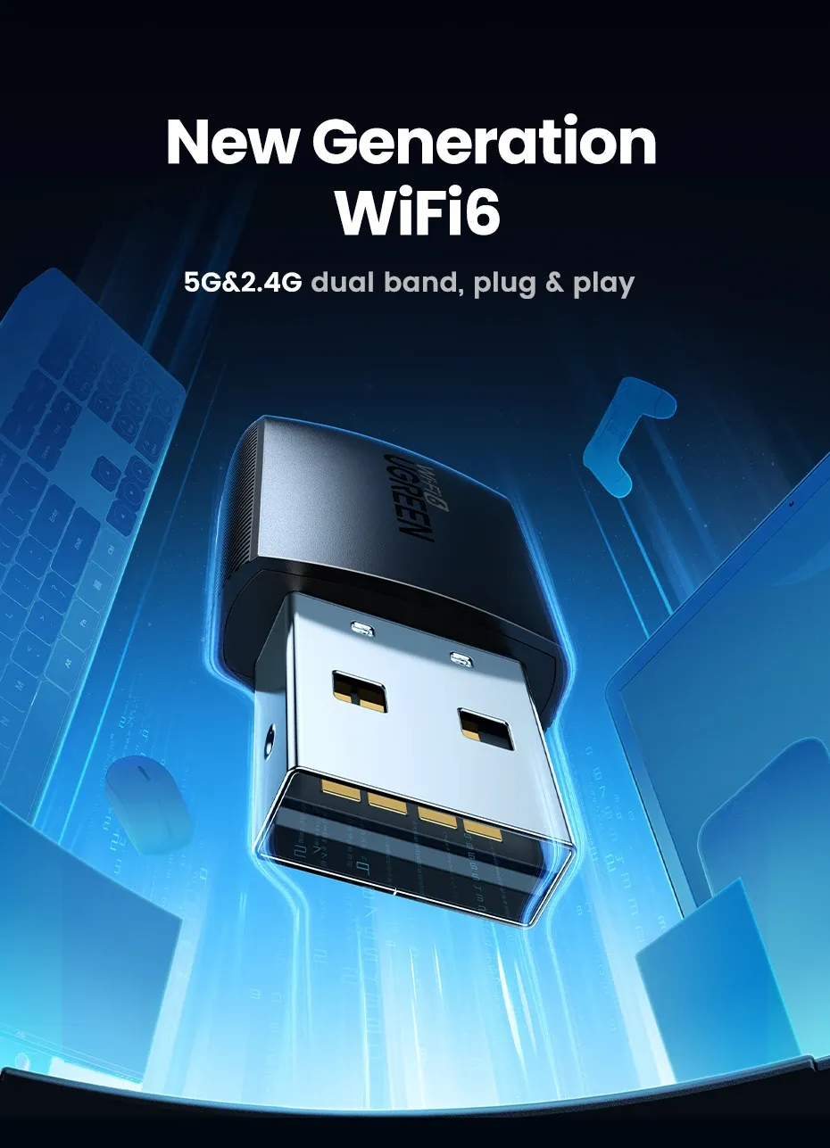 Adaptateur Wi-Fi UGREEN présenté dans une mise en scène épurée