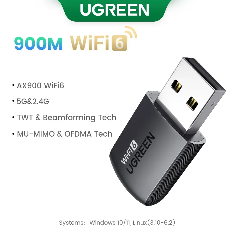 UGREEN Adaptateur WiFi 6 AX900 AX1800 double bande 5 GHz et 2,4 GHz pour PC portable, clé USB avec antenne, récepteur réseau Ethernet 9