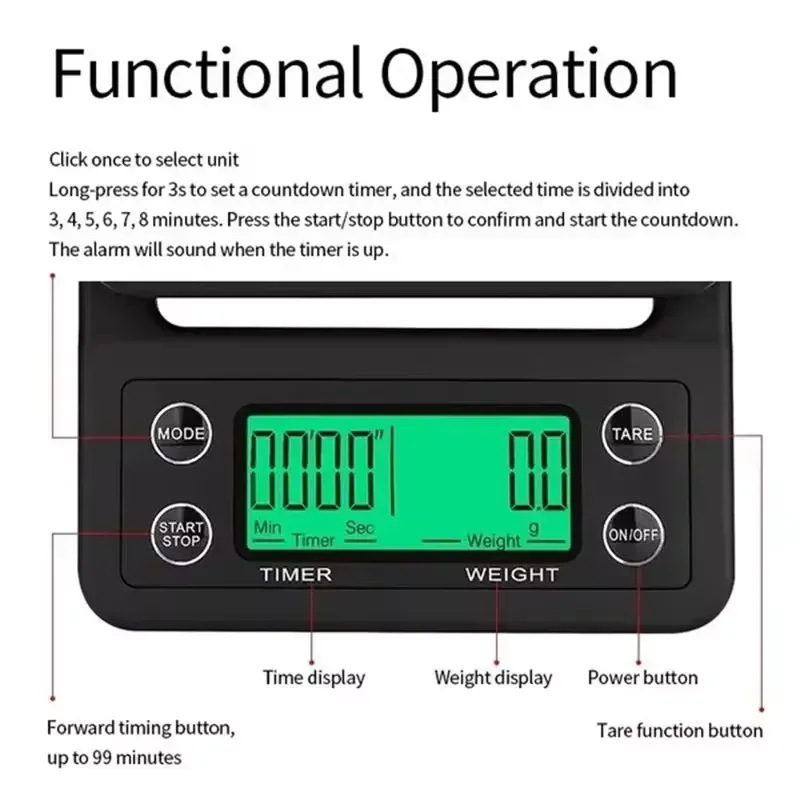 Balance à Café Numérique 3 kg / 0,1 g pour Filtre et Espresso avec Écran LCD 5