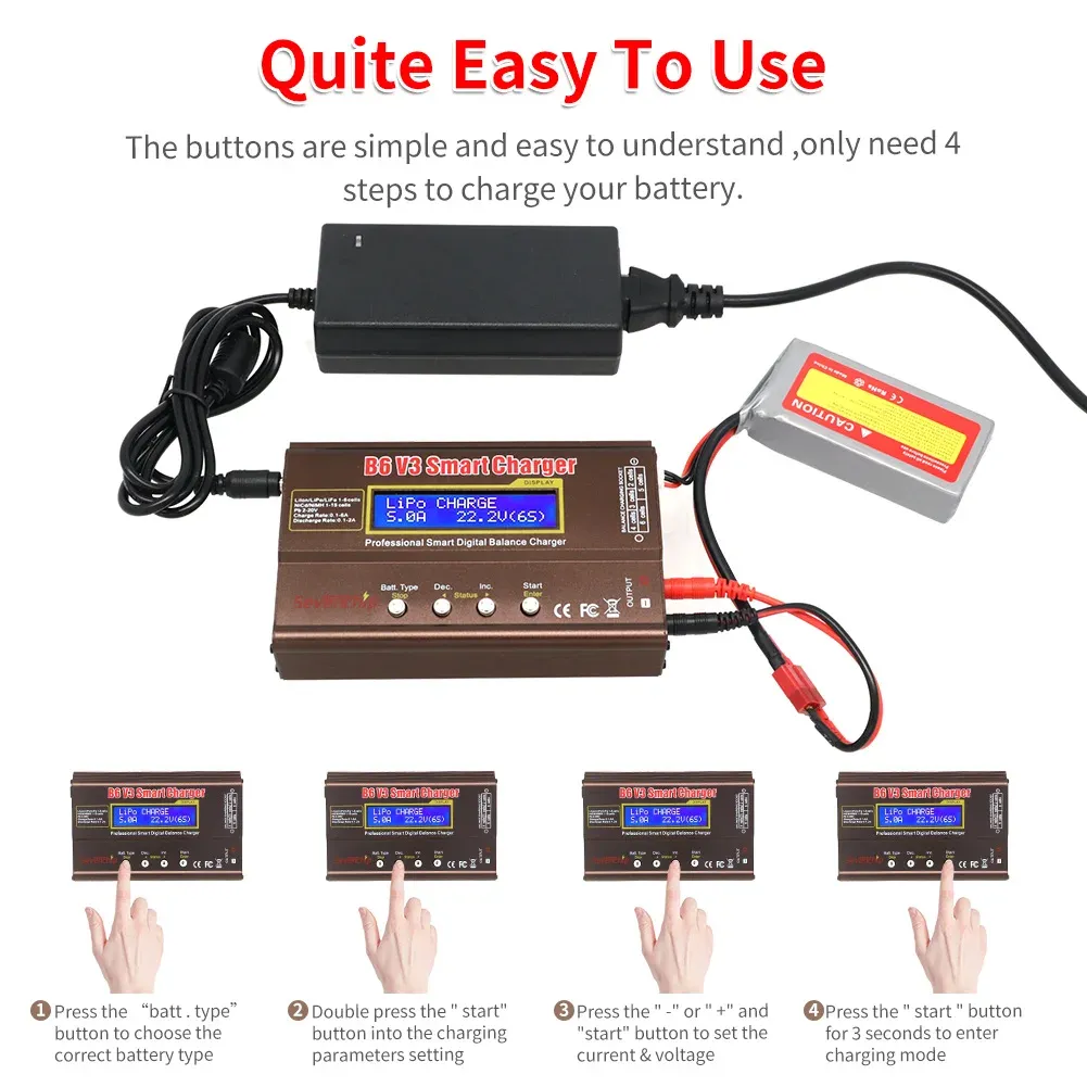 Chargeur de batterie iMAX B6 V3 80 W 6 A pour LiHV, LiPo, NiMH, Li-ion et NiCd, chargeur-déchargeur numérique RC avec équilibreur, adaptateur 12 V 5 A 2