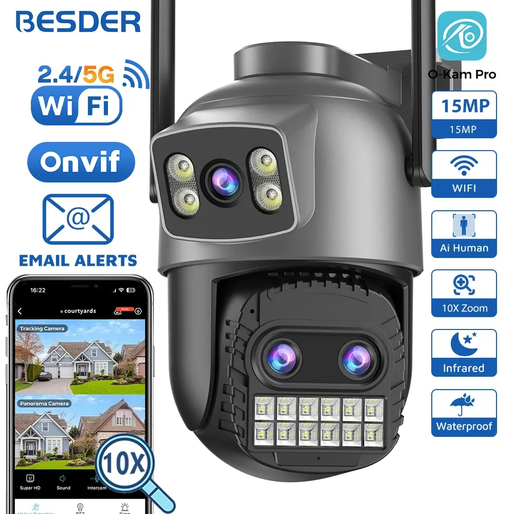 Caméra de surveillance extérieure Wi-Fi BESDER 15 MP, double écran, zoom numérique 10x, caméra IP PTZ 8 MP, compatible O-Kam Pro - Image 1