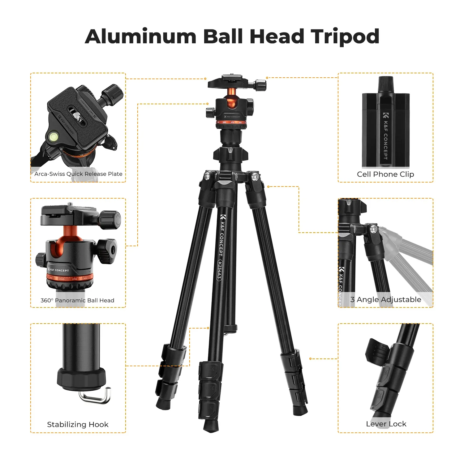 Trépied léger pour appareil photo K&F Concept 178 cm avec clip pour smartphone, trépied de voyage pour reflex numérique Nikon et Canon, idéal pour le streaming en direct en extérieur et le vlog 3