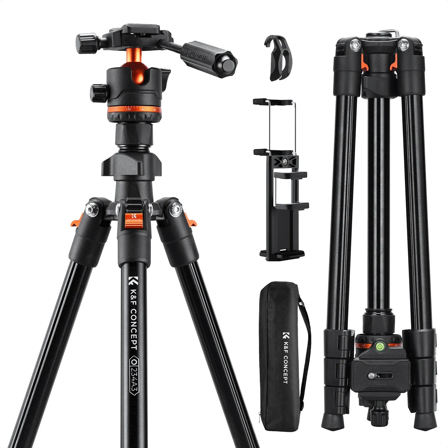 Trépied léger pour appareil photo K&F Concept 178 cm avec clip pour smartphone, trépied de voyage pour reflex numérique Nikon et Canon, idéal pour le streaming en direct en extérieur et le vlog 7