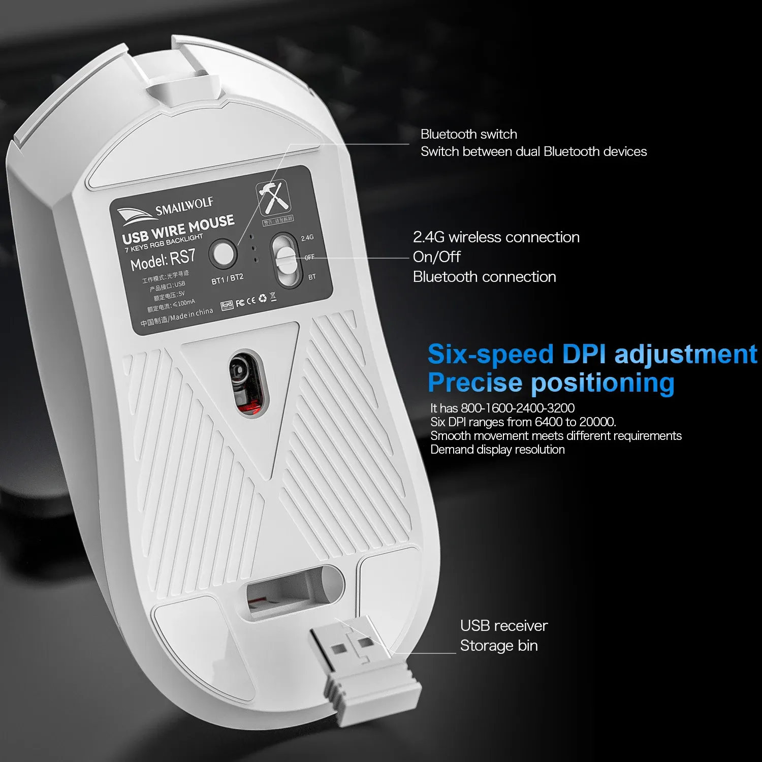 SMAILWOLF RS7 Souris sans fil Bluetooth à trois modes, capteur PAW3311, idéale pour les grandes mains 2