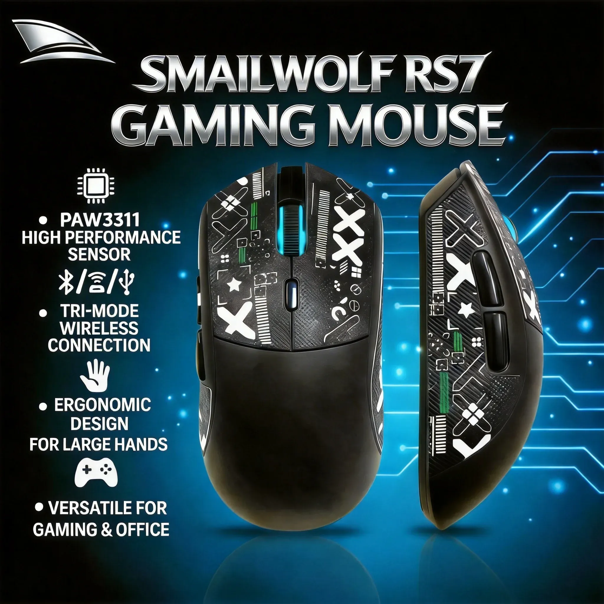 SMAILWOLF RS7 Souris sans fil Bluetooth à trois modes, capteur PAW3311, idéale pour les grandes mains - Image 1