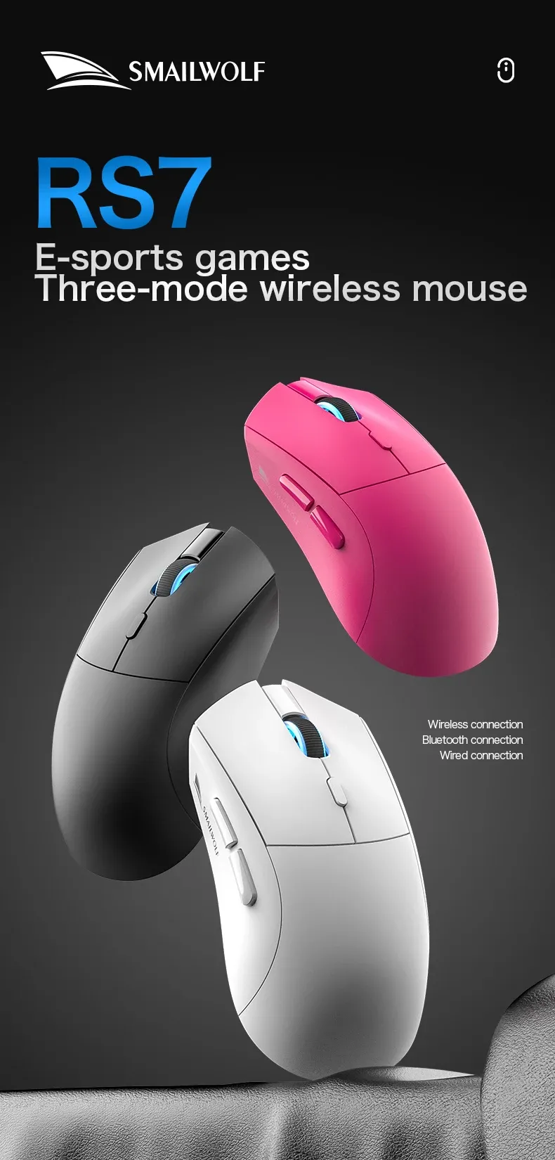 Vue d'ensemble de la souris sans fil SMAILWOLF RS7