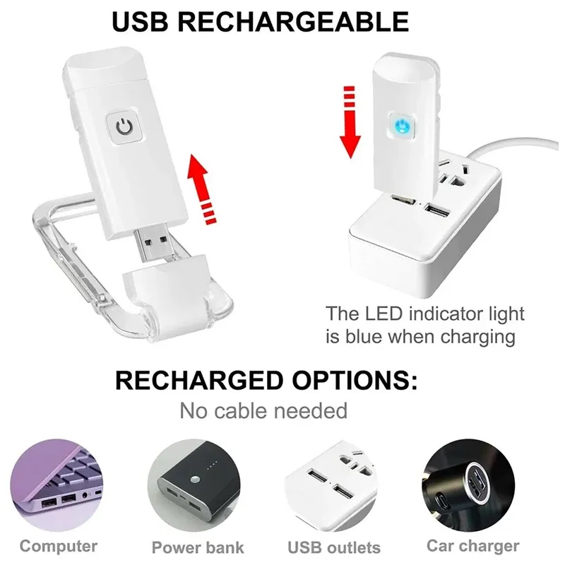 Lampe de lecture LED rechargeable USB à pince, luminosité réglable et protection des yeux 4