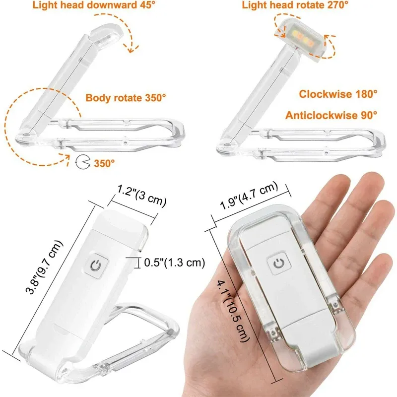 Lampe de lecture LED rechargeable USB à pince, luminosité réglable et protection des yeux 5