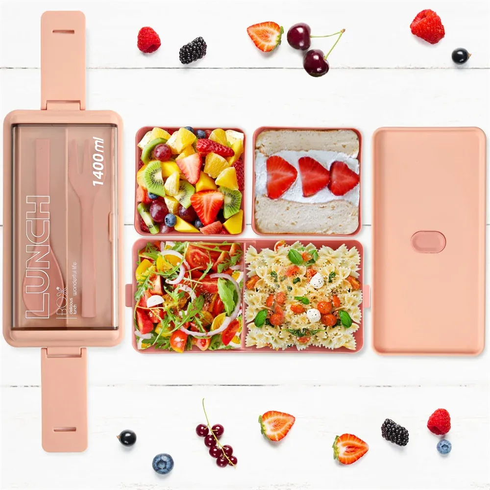 Boîte à déjeuner portable à double étage pour enfants, avec fourchette et cuillère, boîte bento compatible micro-ondes, ensemble de vaisselle, contenant de rangement pour aliments 2