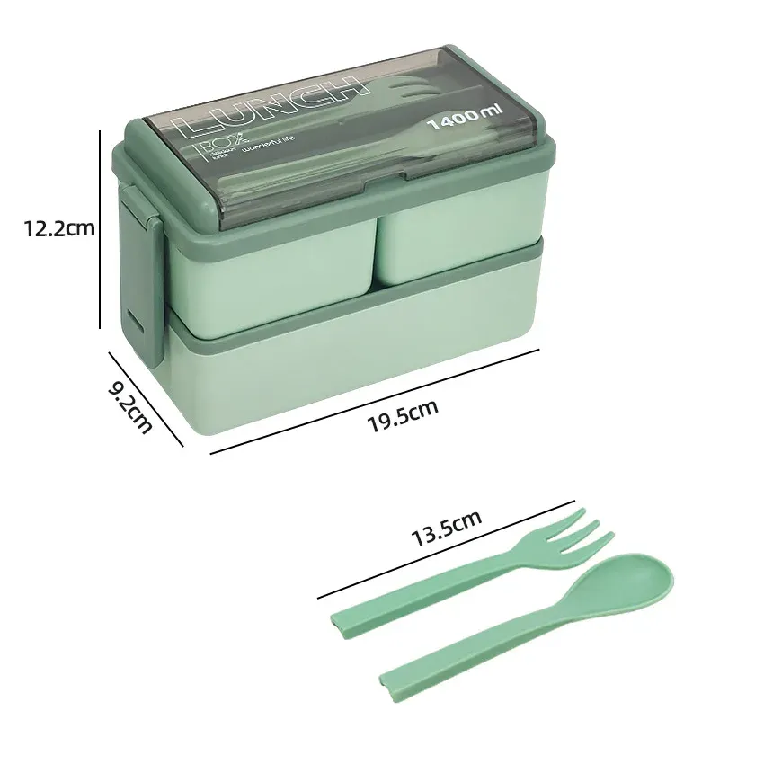 Boîte à déjeuner portable à double étage pour enfants, avec fourchette et cuillère, boîte bento compatible micro-ondes, ensemble de vaisselle, contenant de rangement pour aliments 7