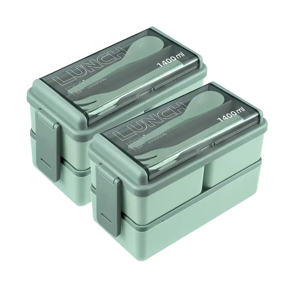 Boîte à déjeuner portable à double étage pour enfants, avec fourchette et cuillère, boîte bento compatible micro-ondes, ensemble de vaisselle, contenant de rangement pour aliments 11