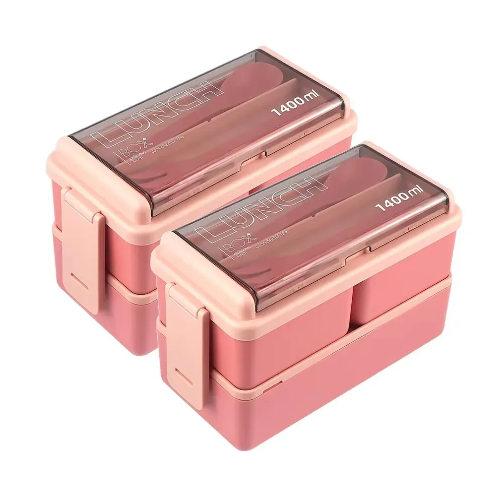 Boîte à déjeuner portable à double étage pour enfants, avec fourchette et cuillère, boîte bento compatible micro-ondes, ensemble de vaisselle, contenant de rangement pour aliments 12