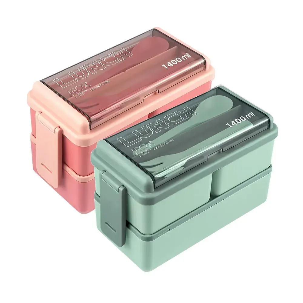 Boîte à déjeuner portable à double étage pour enfants, avec fourchette et cuillère, boîte bento compatible micro-ondes, ensemble de vaisselle, contenant de rangement pour aliments 10