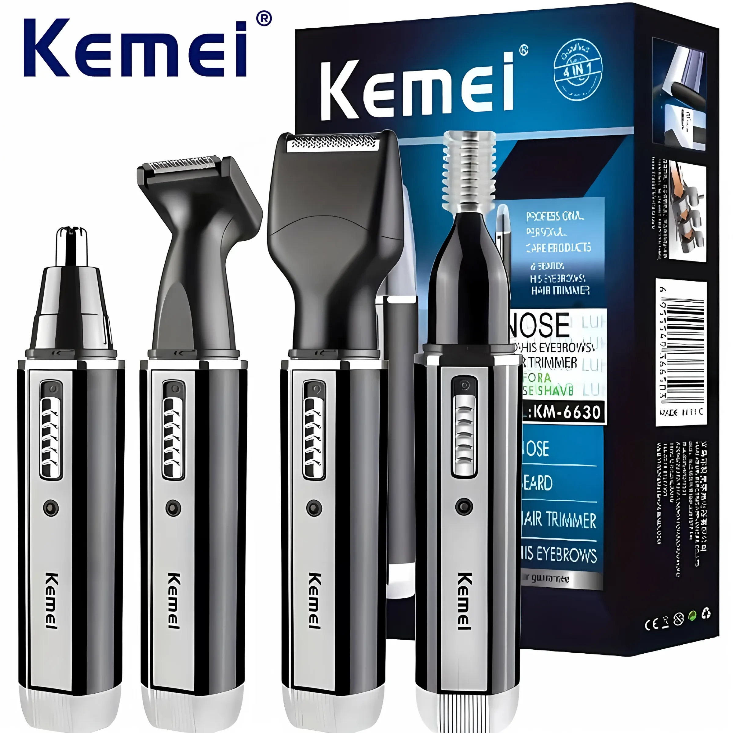 Tondeuse électrique rechargeable 4 en 1 Kemei KM-6630 pour nez, sourcils, cheveux et barbe, avec tondeuse pour oreilles et contours de tempes pour homme