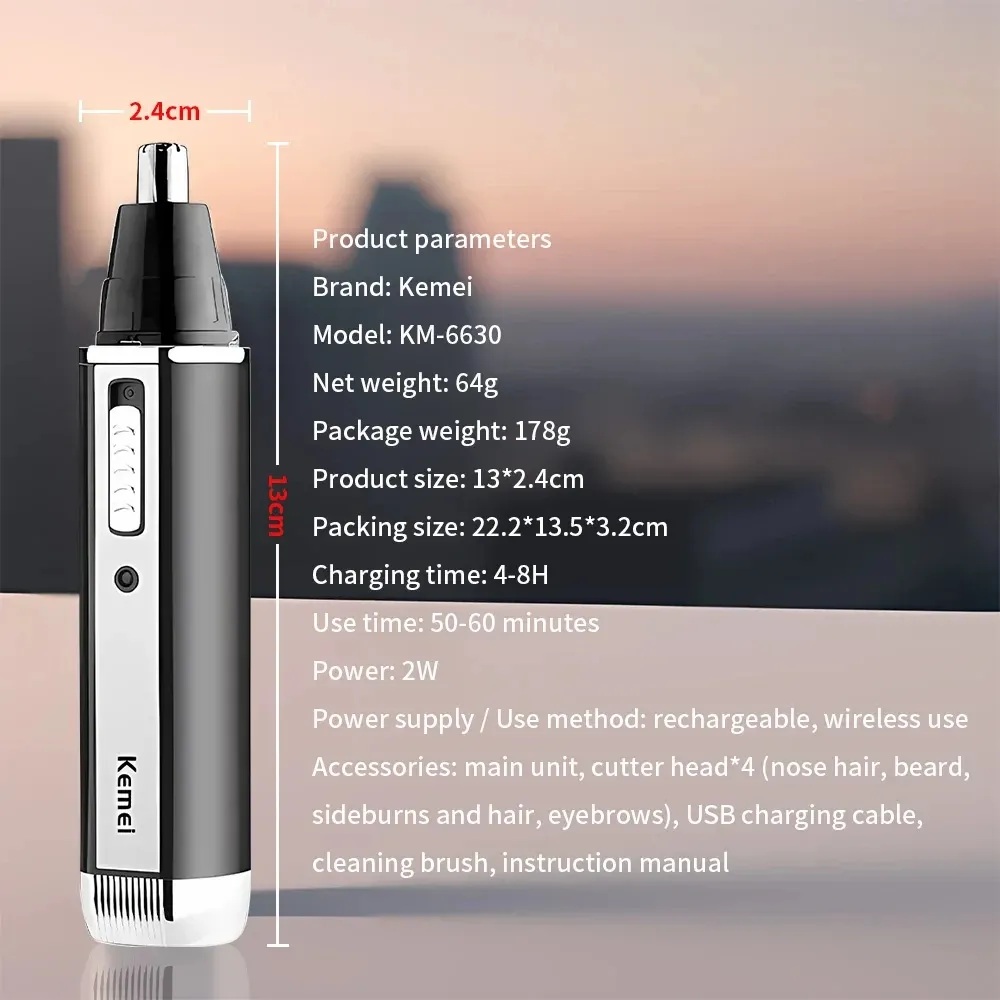 Tondeuse électrique rechargeable 4 en 1 Kemei KM-6630 pour nez, sourcils, cheveux et barbe, avec tondeuse pour oreilles et contours de tempes pour homme 4