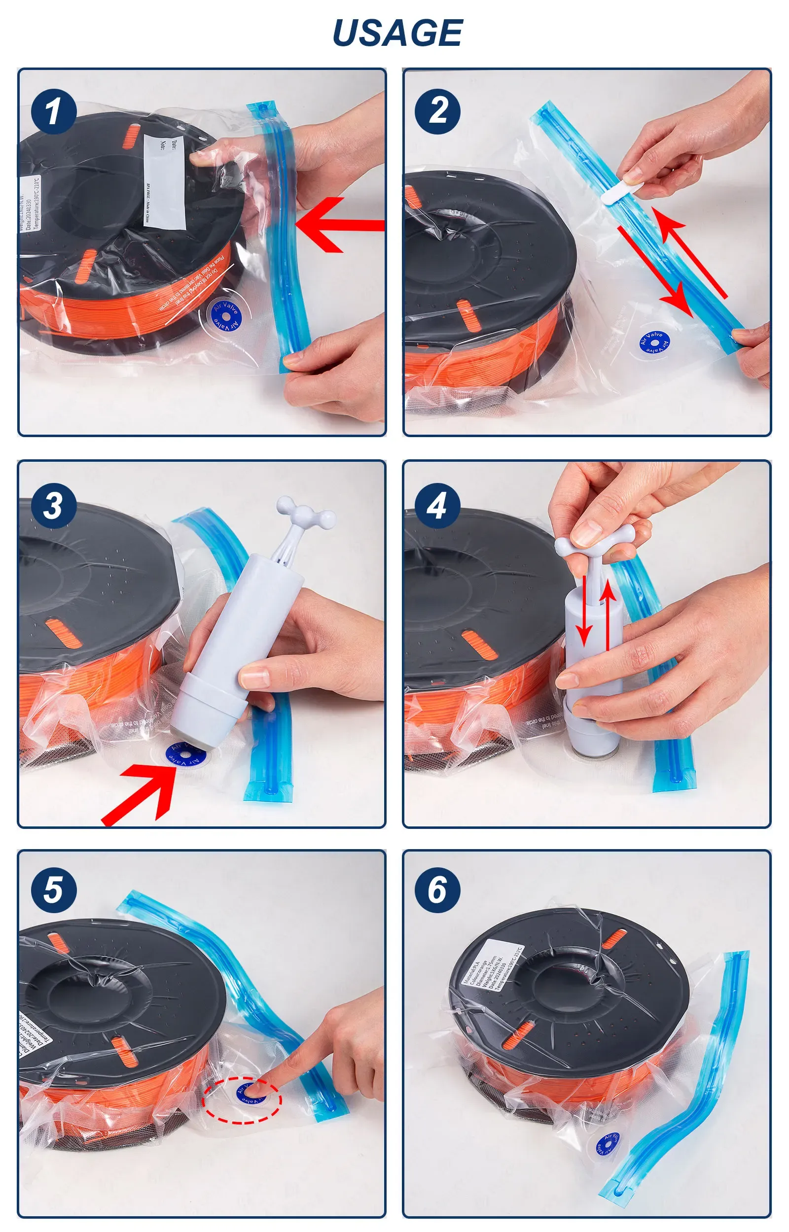 Sac de rangement sous vide pour filament 3D (ABS, PLA, TPU, PETG) avec pompe, sac hermétique anti-humidité 4