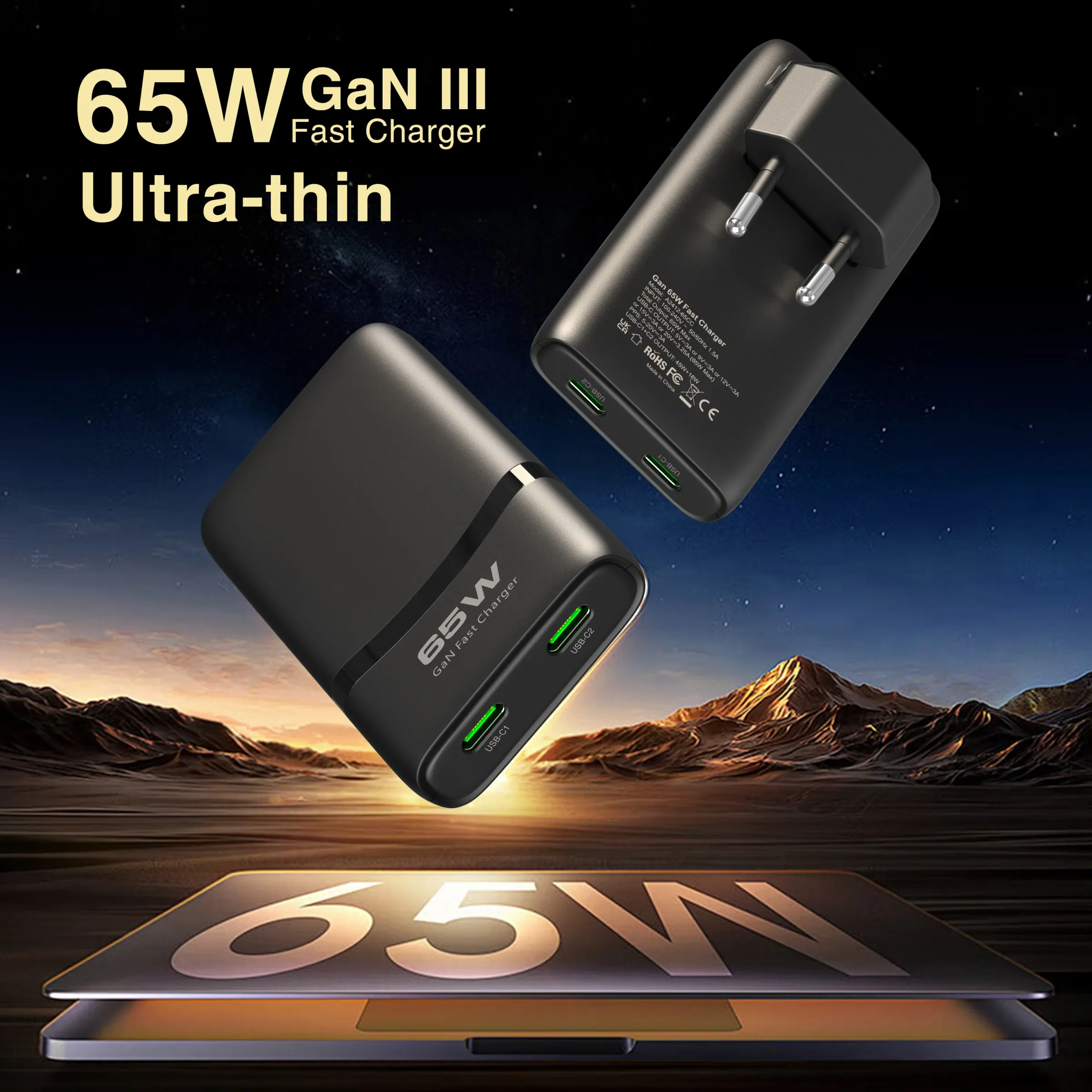 Chargeur GaN USB-C 65 W à double port, compact et plat, avec prise pliable pour téléphone portable