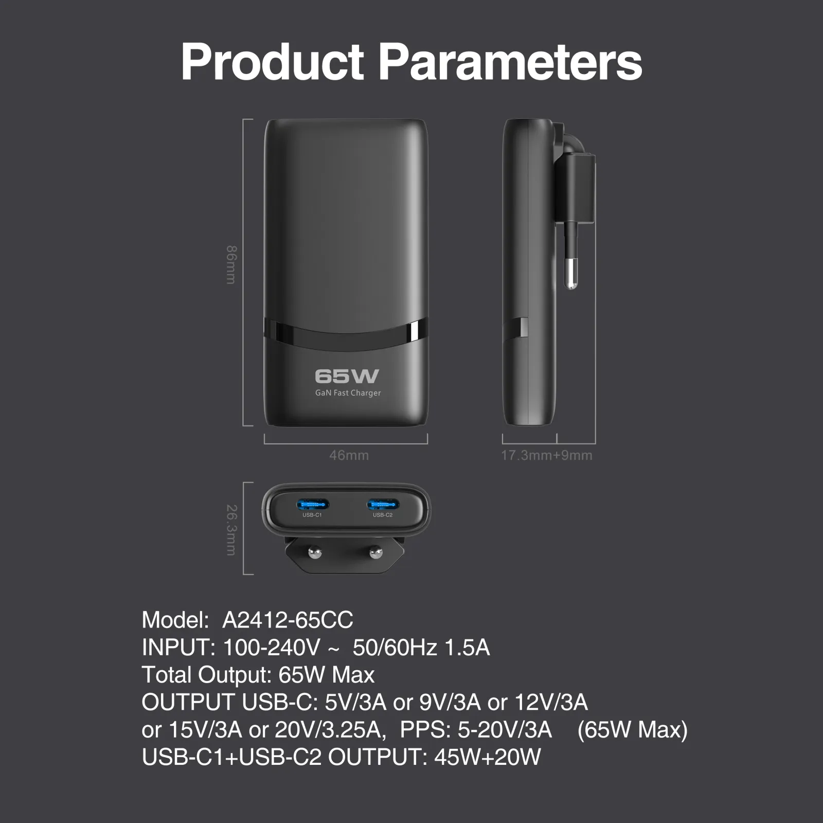 Chargeur plat GaN USB-C, ports de charge