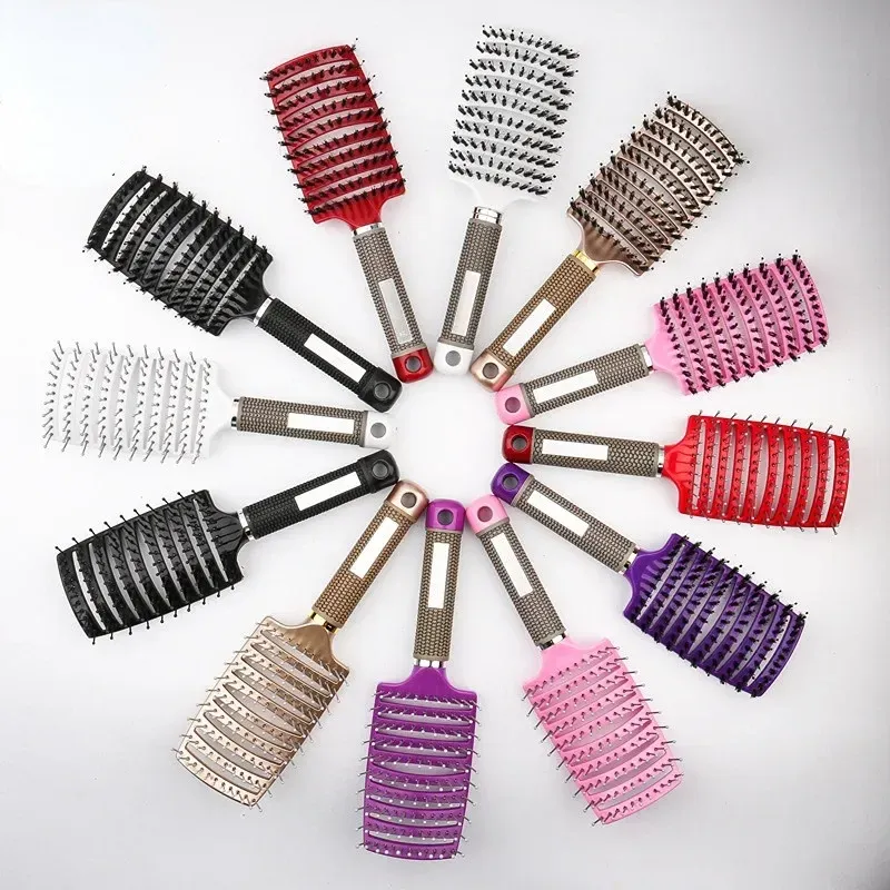 Brosse à cheveux en nylon pour femme, peigne de massage du cuir chevelu, brosse coiffante à poignée bouclée, outil de coiffure pour salon 4
