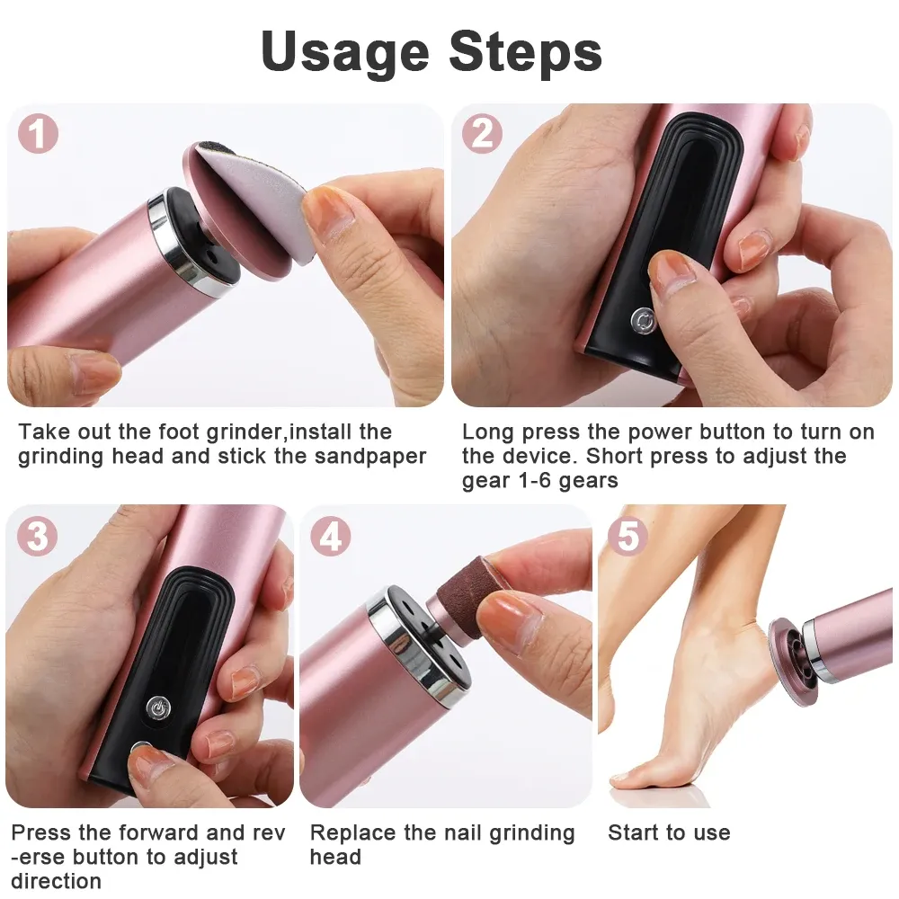 Râpe électrique rechargeable sans fil pour pieds, outil de pédicure pour éliminer les callosités, les peaux mortes et les cuticules, avec rouleaux abrasifs de rechange 5