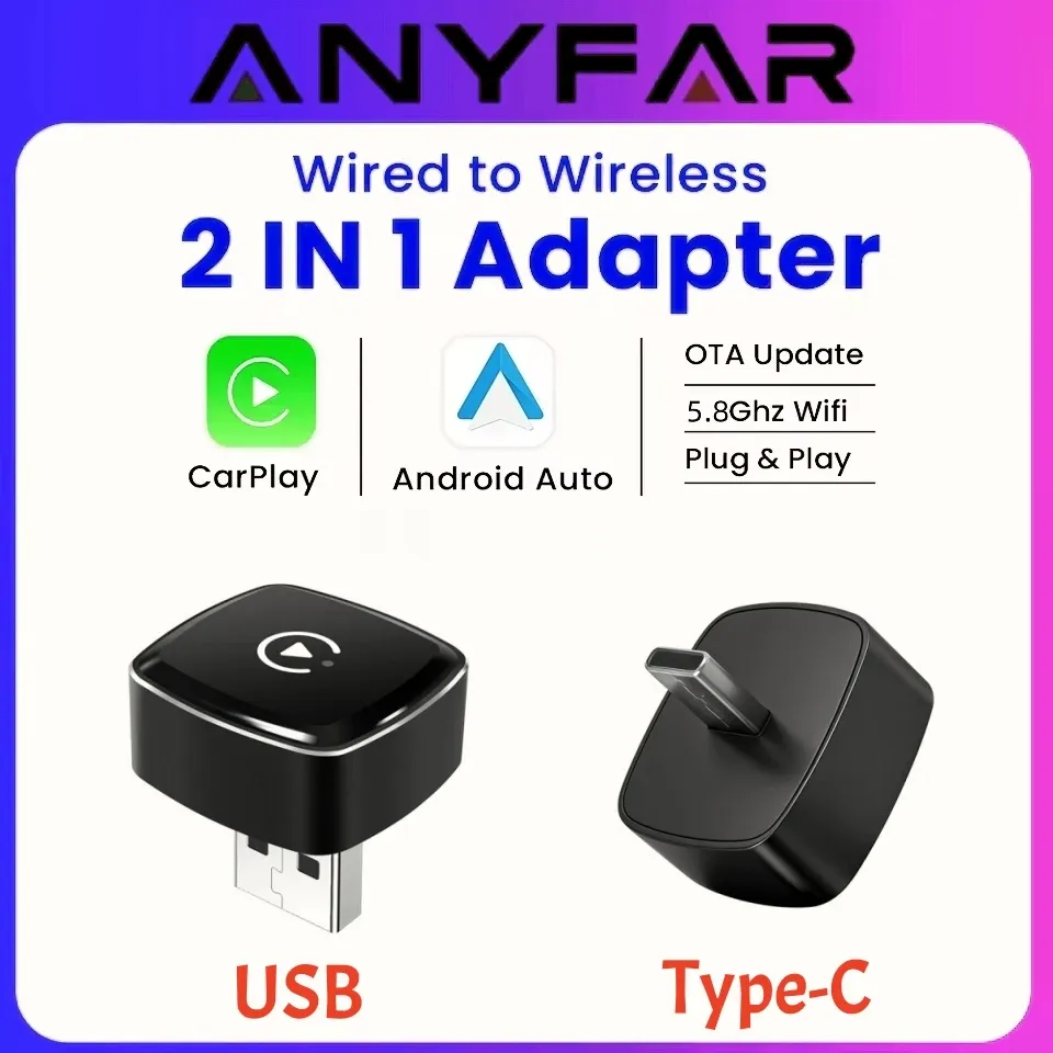 Adaptateur CarPlay et Android Auto sans fil 2-en-1 Anyfar, WiFi 5 GHz, USB Type-C, Plug and Play - Image 1