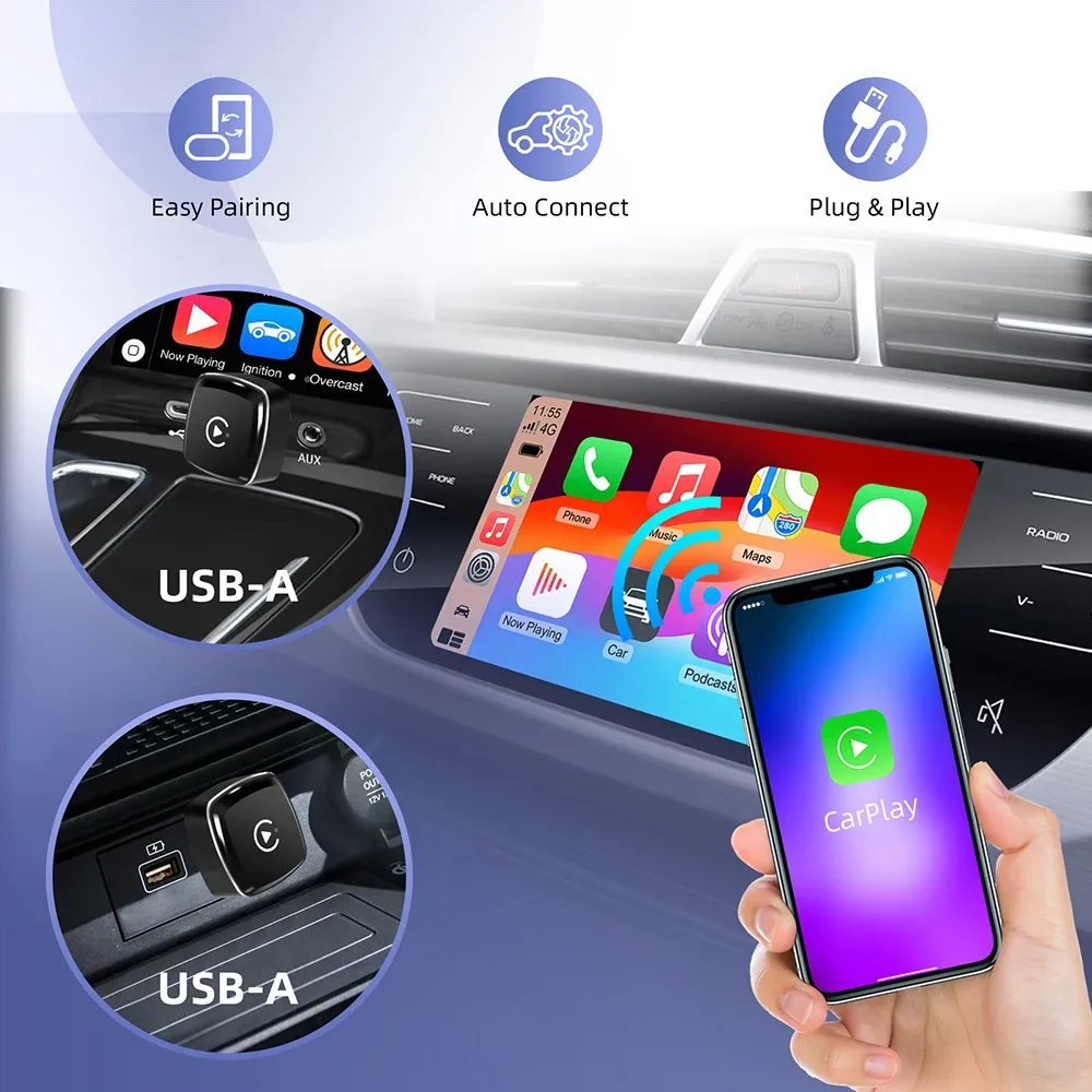 Adaptateur CarPlay et Android Auto sans fil 2-en-1 Anyfar, WiFi 5 GHz, USB Type-C, Plug and Play 3