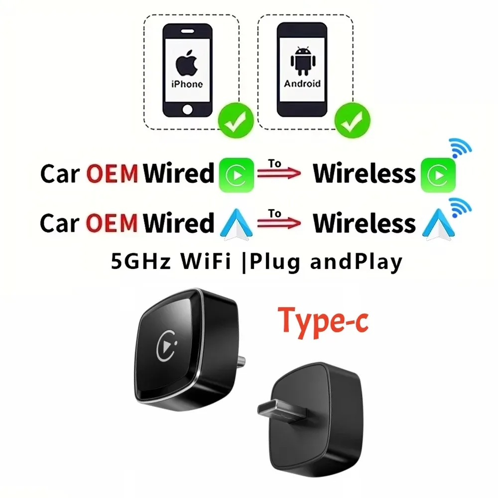 Adaptateur CarPlay et Android Auto sans fil 2-en-1 Anyfar, WiFi 5 GHz, USB Type-C, Plug and Play 7