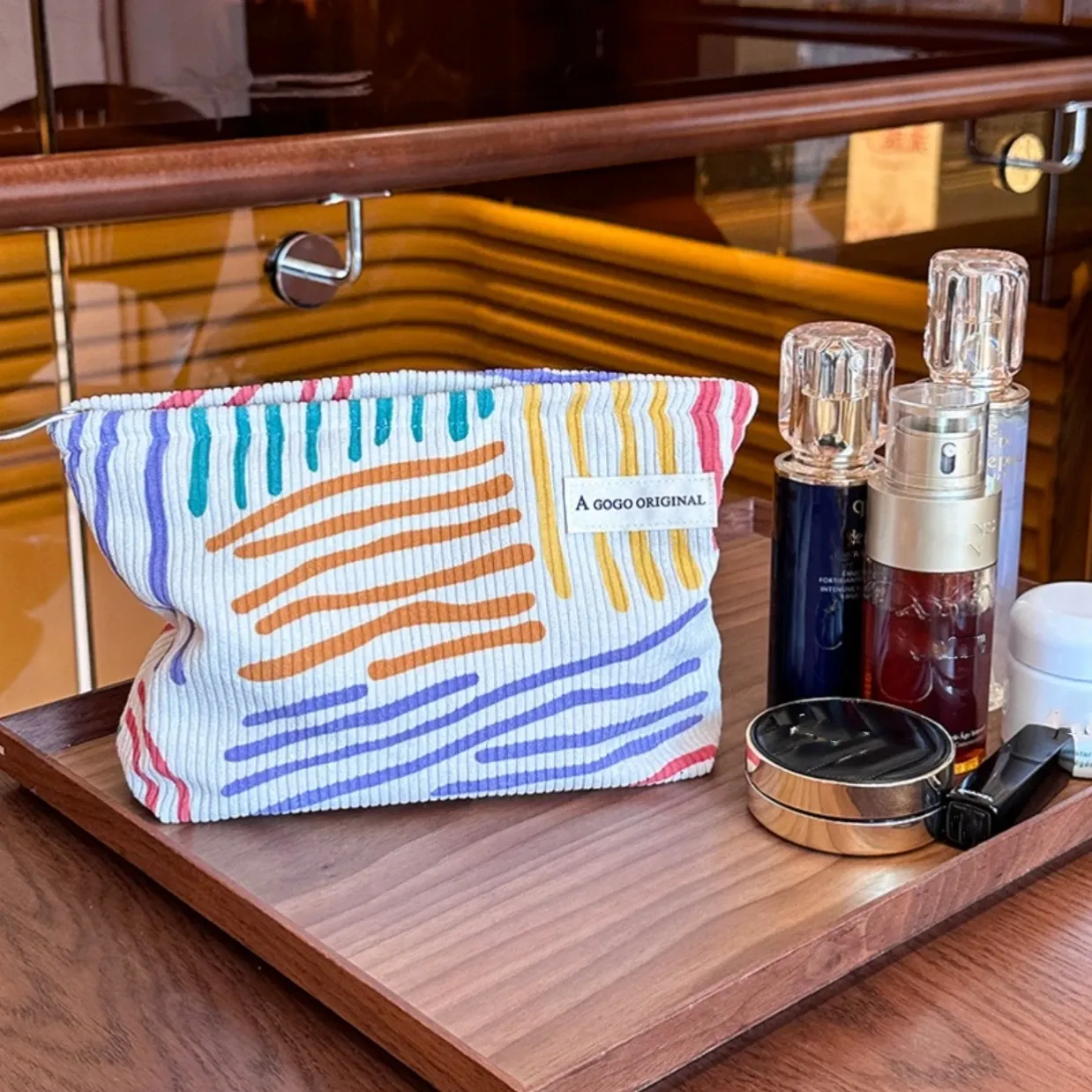 Trousse de maquillage en velours côtelé pour femme, grande capacité, organisateur de voyage portable avec fermeture éclair 2
