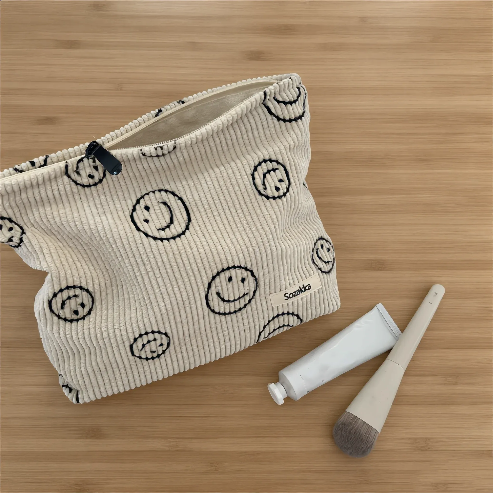 Trousse de maquillage en velours côtelé pour femme, grande capacité, organisateur de voyage portable avec fermeture éclair 8