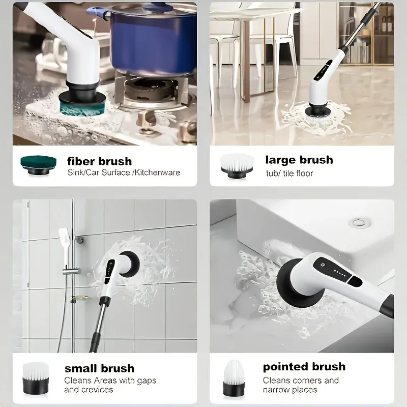 Brosse de nettoyage électrique portative multifonction 9 en 1, télescopique, pour salle de bain et cuisine 2