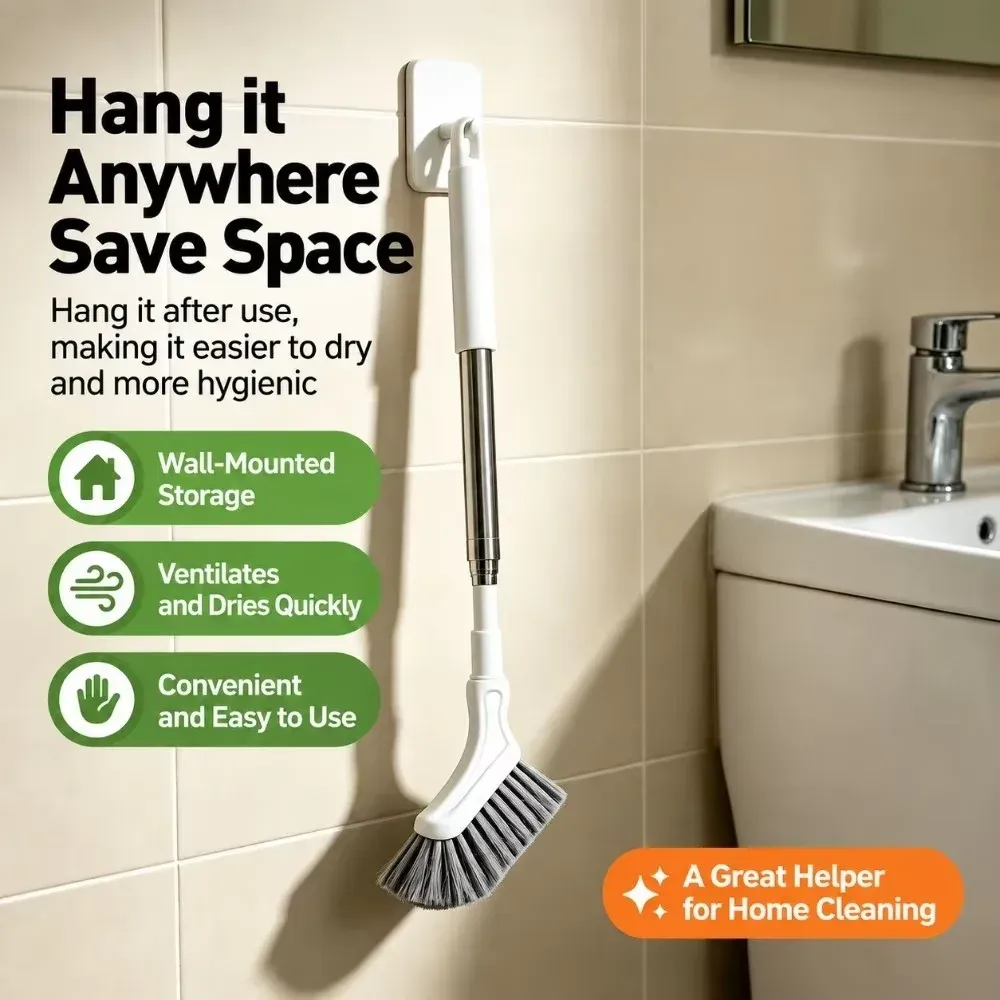 Brosse de nettoyage télescopique à long manche, monobloc, avec tête fine pour les interstices, brosse multifonction réglable pour salle de bain, toilettes, rainures de fenêtres et joints de sol. 2