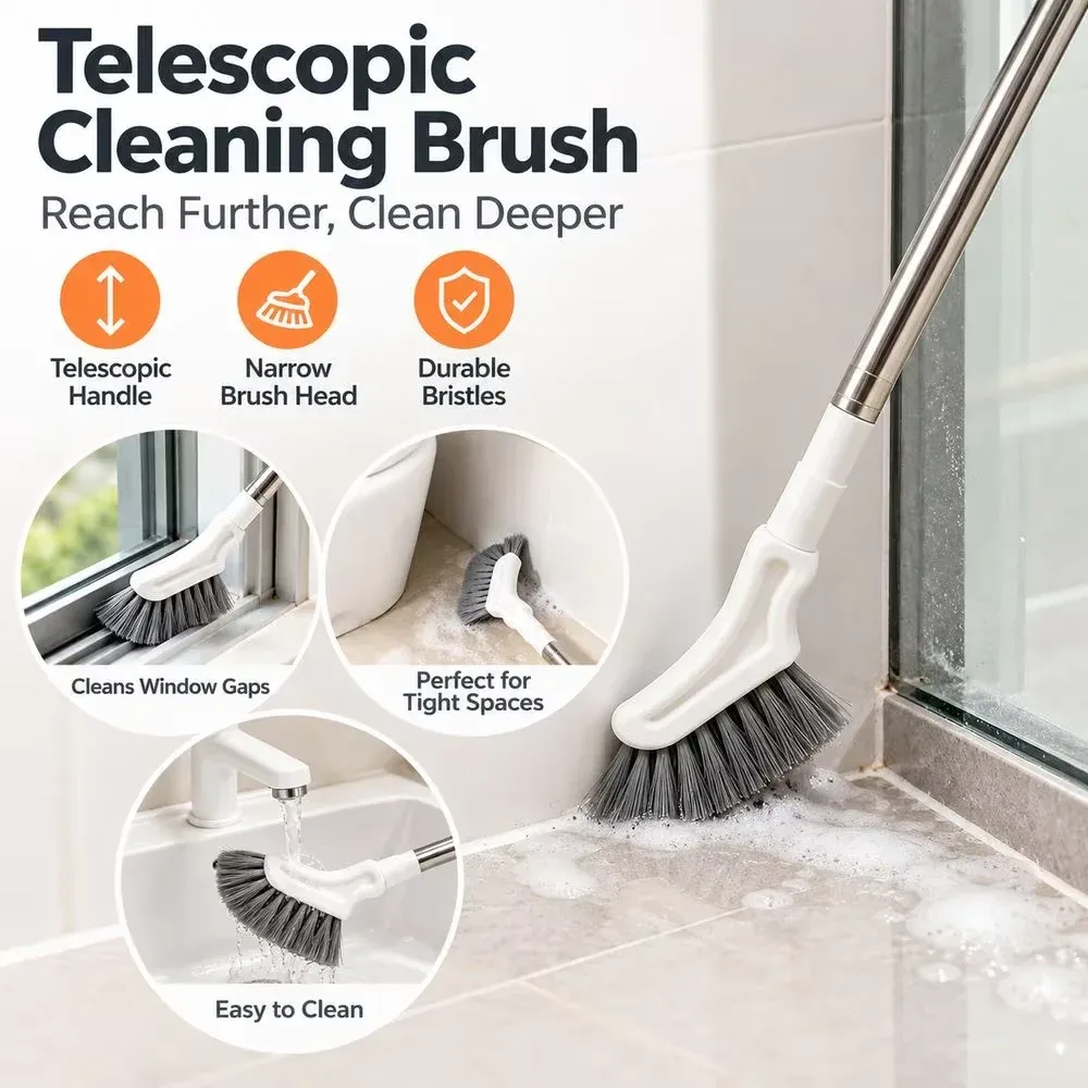 Brosse de nettoyage télescopique à long manche, monobloc, avec tête fine pour les interstices, brosse multifonction réglable pour salle de bain, toilettes, rainures de fenêtres et joints de sol. 4