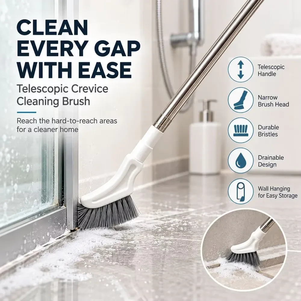 Brosse de nettoyage télescopique à long manche, monobloc, avec tête fine pour les interstices, brosse multifonction réglable pour salle de bain, toilettes, rainures de fenêtres et joints de sol. 5