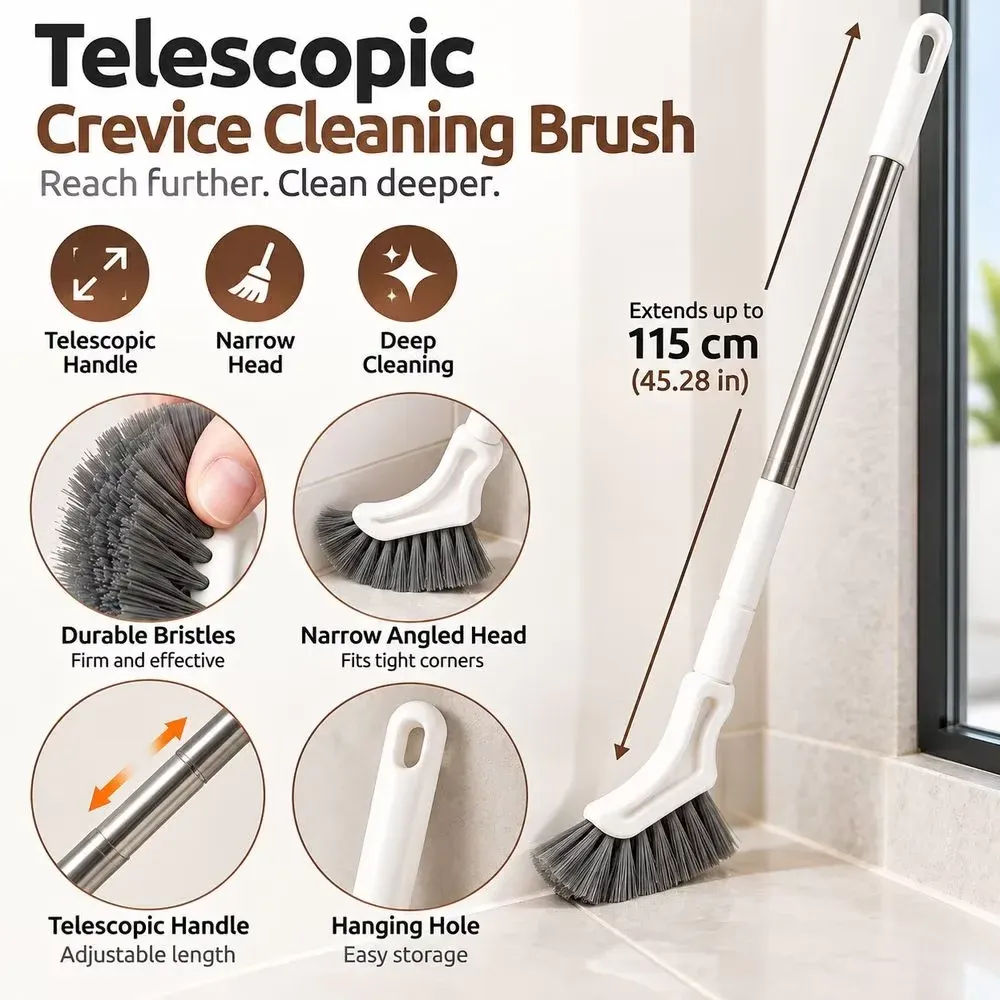 Brosse de nettoyage télescopique à long manche, monobloc, avec tête fine pour les interstices, brosse multifonction réglable pour salle de bain, toilettes, rainures de fenêtres et joints de sol. 6