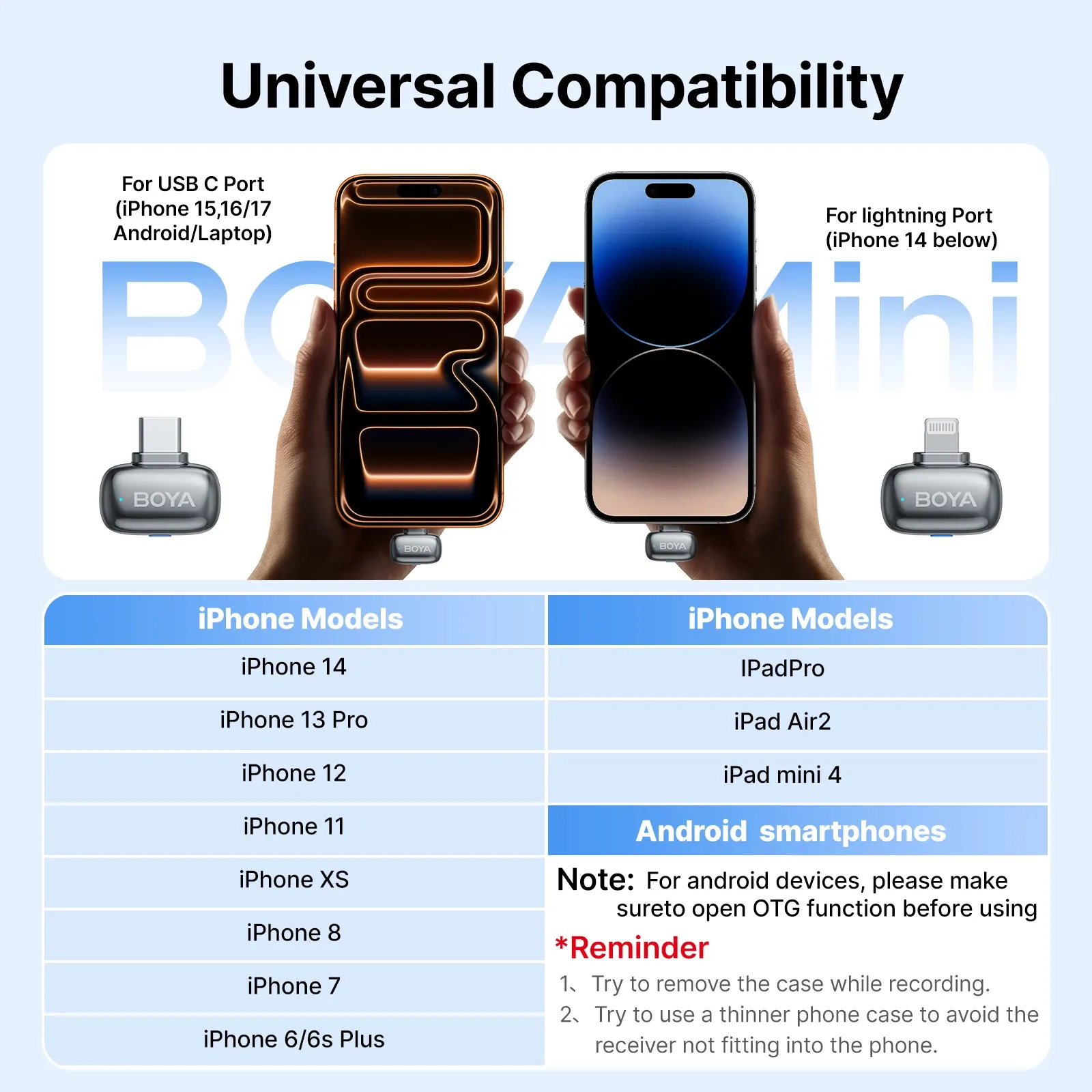 Microphone cravate sans fil BOYA Mini 2 à réduction de bruit par IA, compatible iPhone et Android, connecteur USB-C pour l'enregistrement vidéo 4