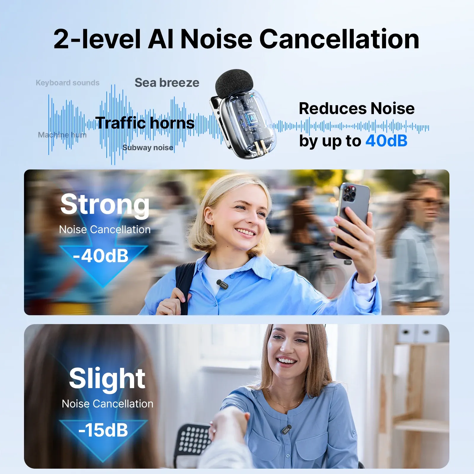 Microphone cravate sans fil BOYA Mini 2 à réduction de bruit par IA, compatible iPhone et Android, connecteur USB-C pour l'enregistrement vidéo 6